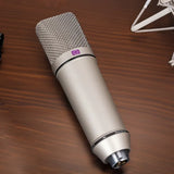 Vue rapprochée du microphone à condensateur U87 XLR argenté