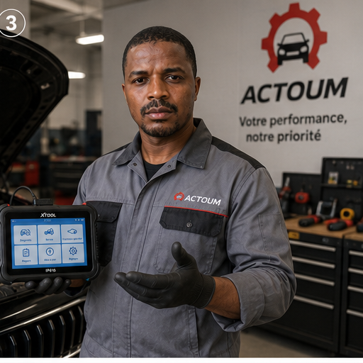 Technicien Actoum réalisant un diagnostic automobile mobile à Conakry
