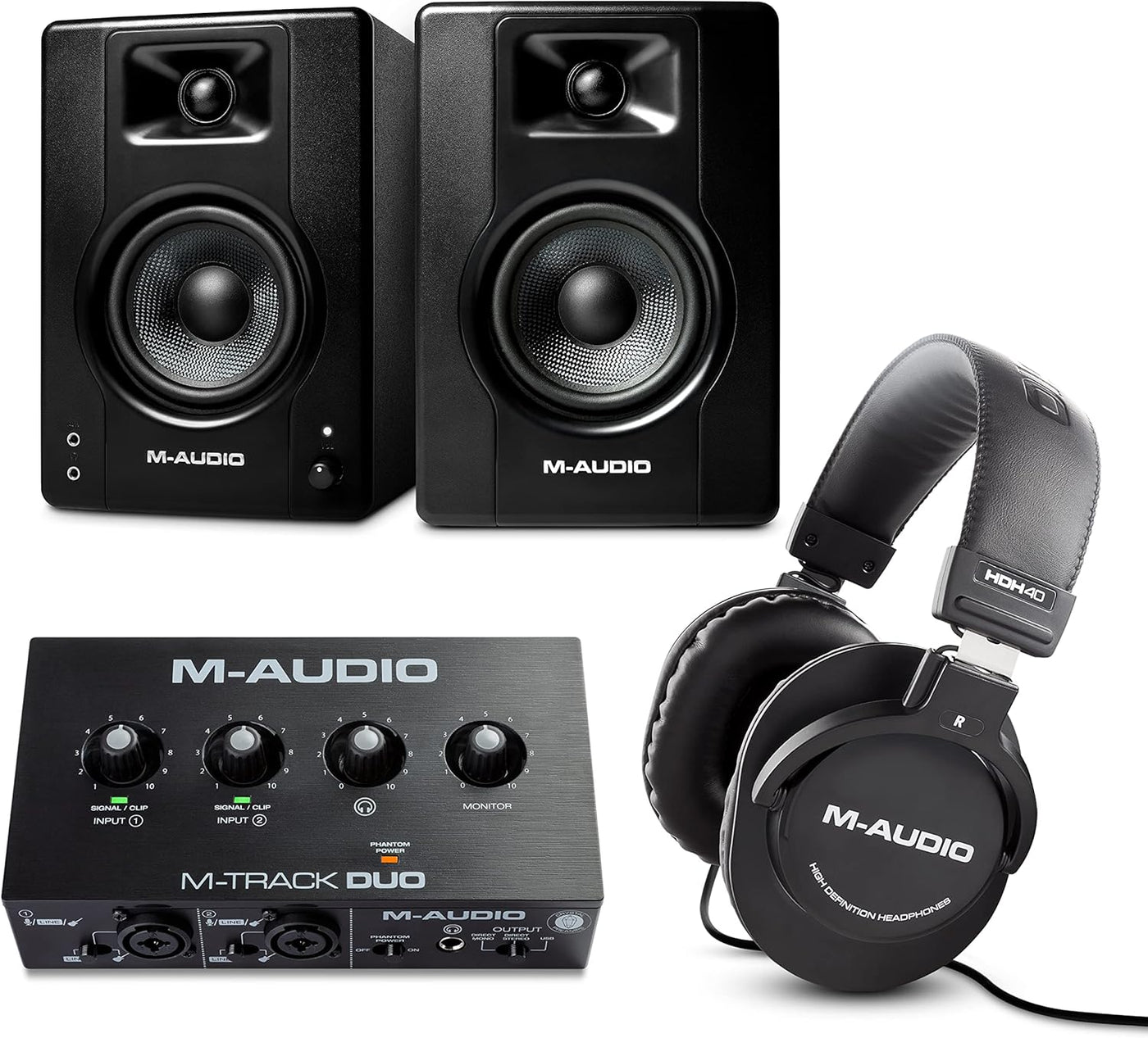 Ensemble M-Audio M-Track Duo, BX4 & HDH40 – Pack Interface Audio, Enceintes de Monitoring et Casque Studio