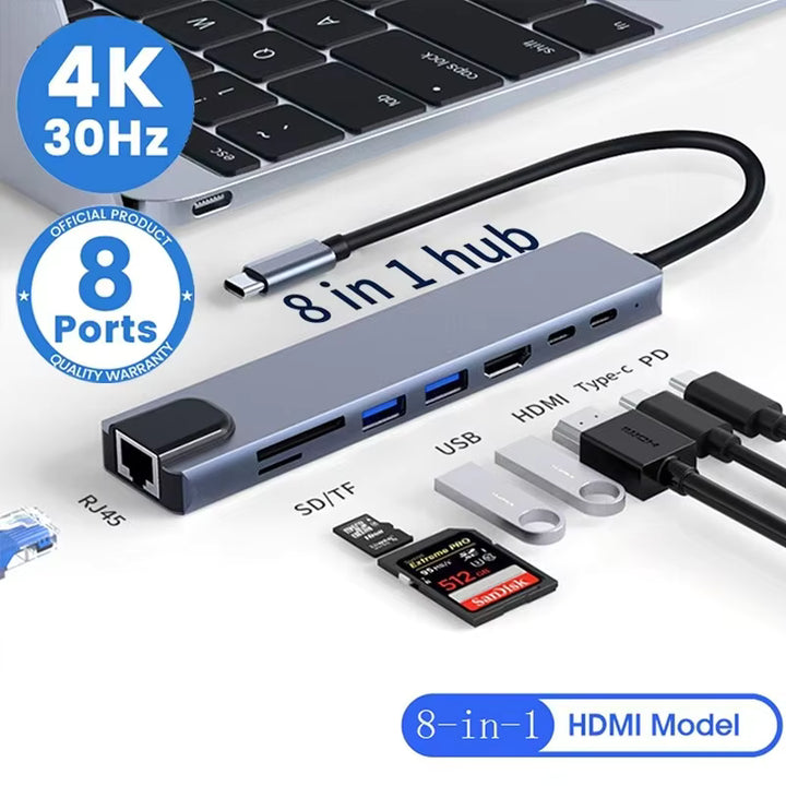 Adaptateur Multi-Port USB-C Baseus 8-en-1 – HDMI, RJ45, USB 3.0, SD/TF